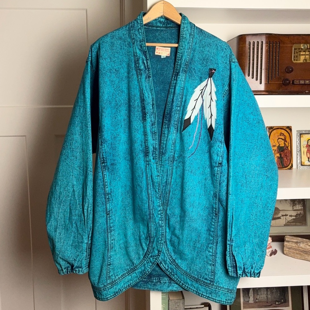 SUNDANCE‎ 90s Vintage Turquoise Western Denim Jacket Embroidered Size L